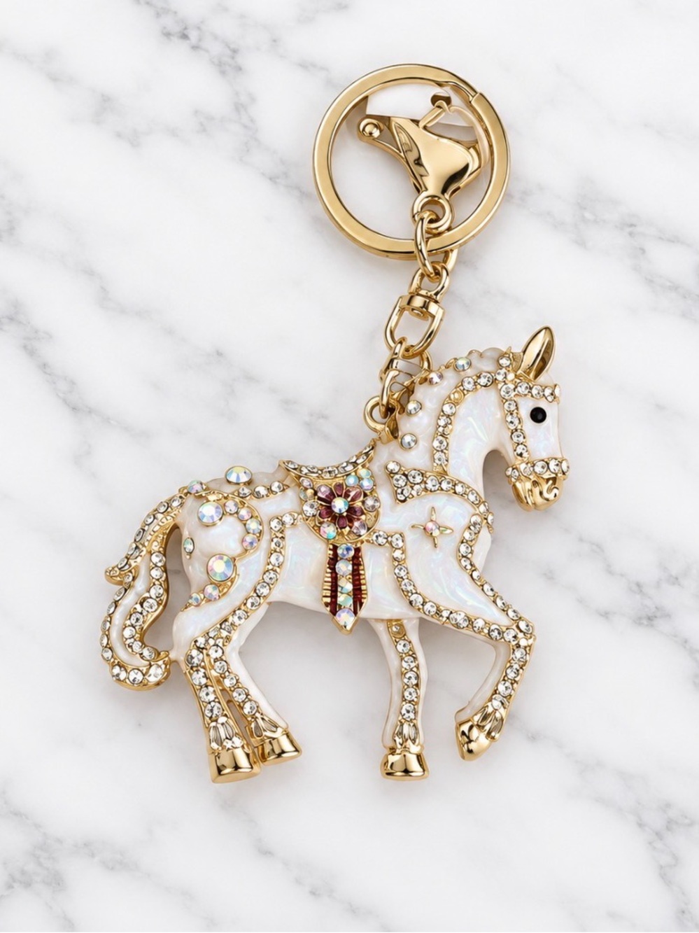 White Enamel Carousel Horse Bag Charm/Keyring-White Stone and Faux Pearl Accents
